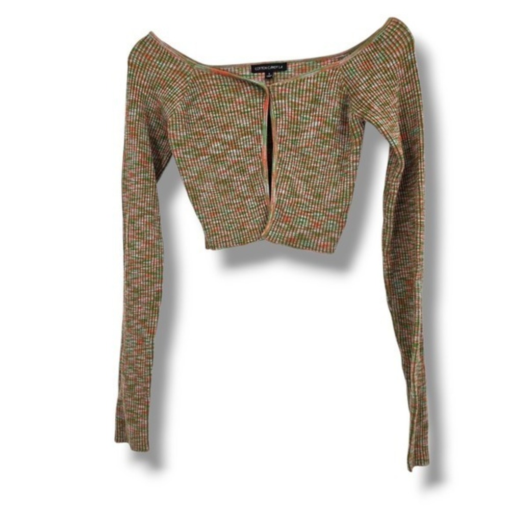 Cotton Candy LA Crop Top Long Sleeve Button Front Green Orange Knit Size S